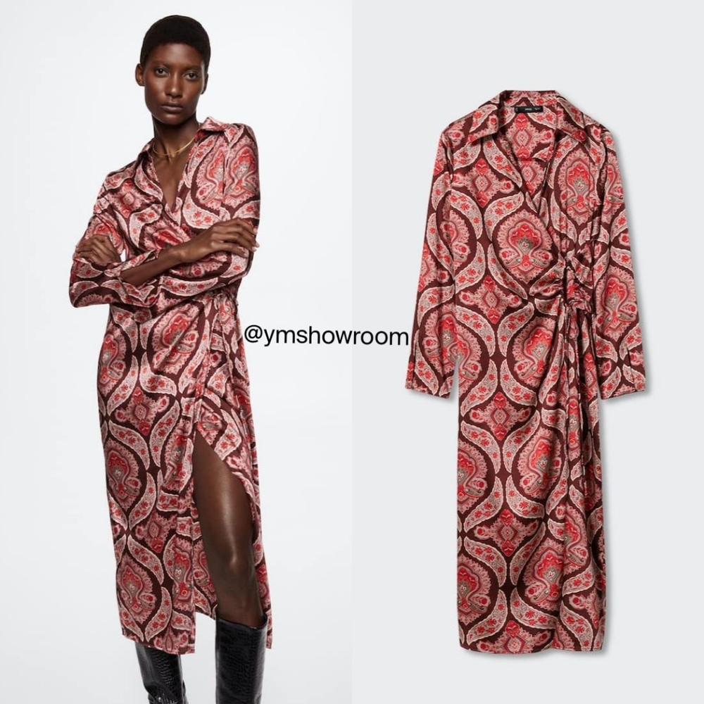 Mango Red and Brown Paisley Midi Wrap Dress